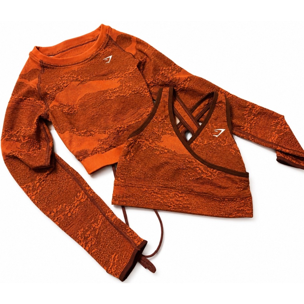 Gymshark Seamless Camo Workout Set XS Orange Brown Lg Sleeve Crop Top Sports Bra